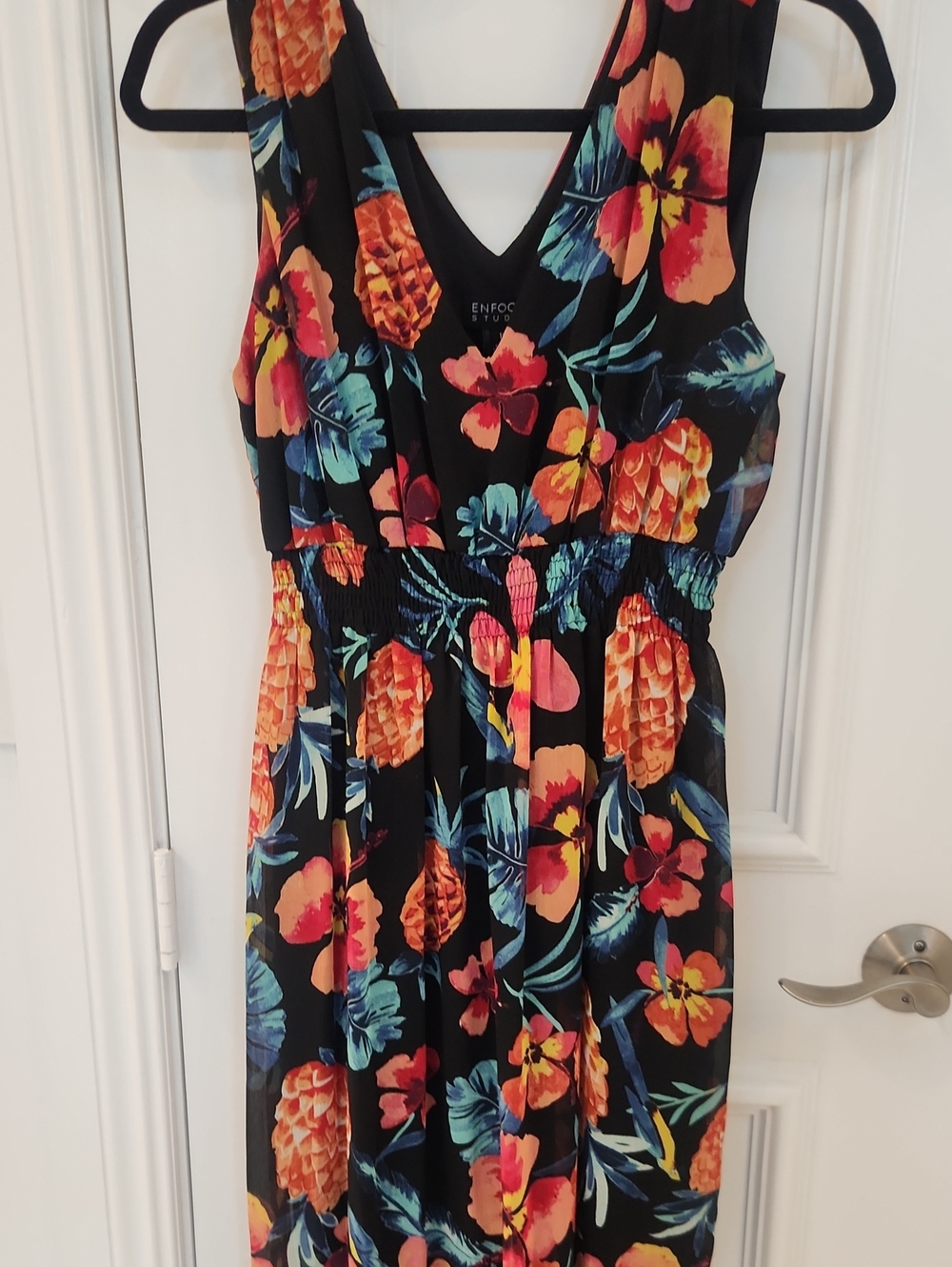 Enfocus Studio Black Maxi Dress with Bright Floral & Pineapple Print